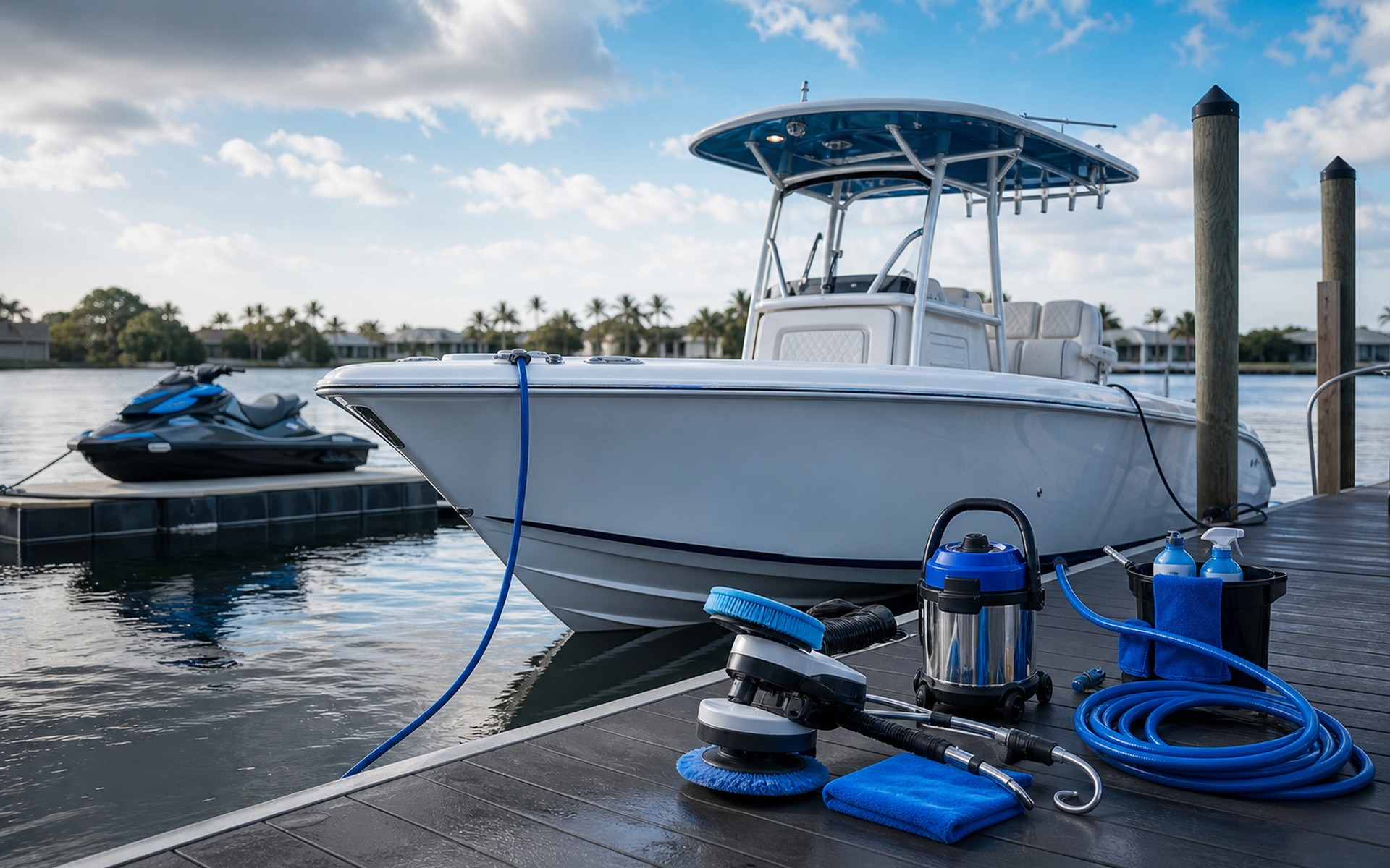 Boat and jet ski wash at a marina